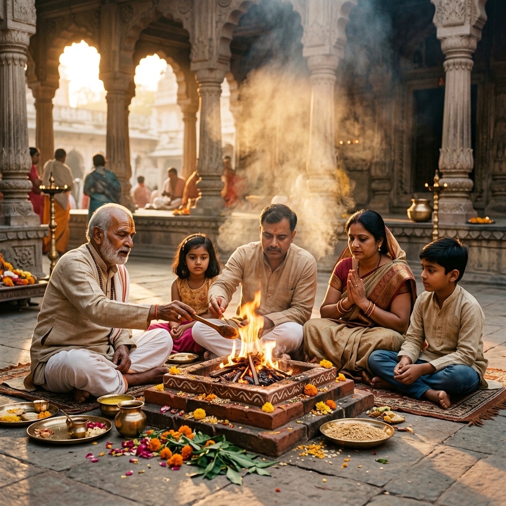 Family sitting together at Yagya fire altar in Gaya temple