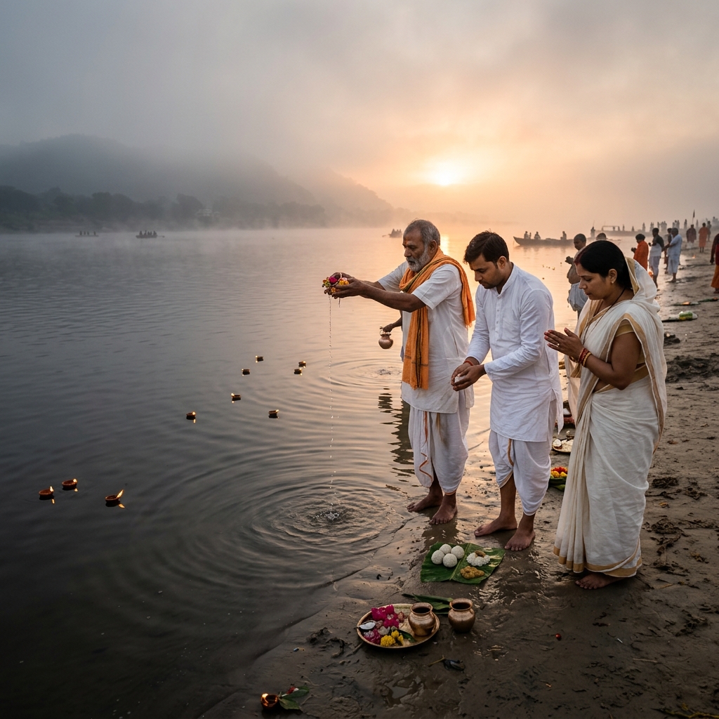 Pilgrim family performing Tarpan oblations on Phalgu River banks at sunrise