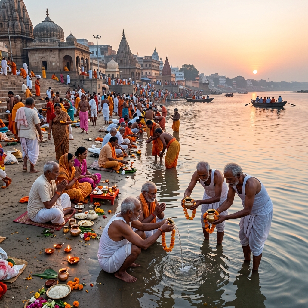 Pilgrims reflecting quietly after ancestral rites at sunrise